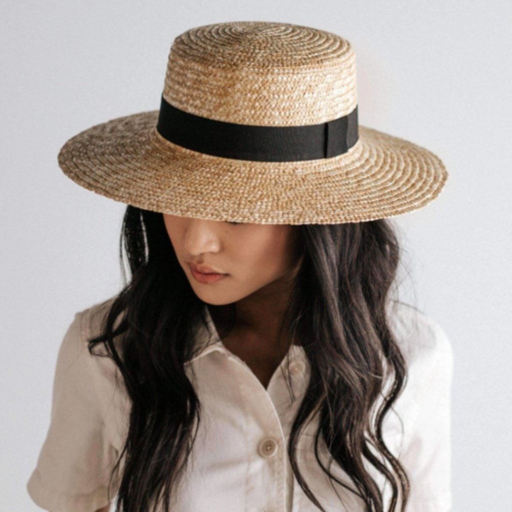Gigi Pip Natural Straw Boater Hat S/M -Faye medium brim